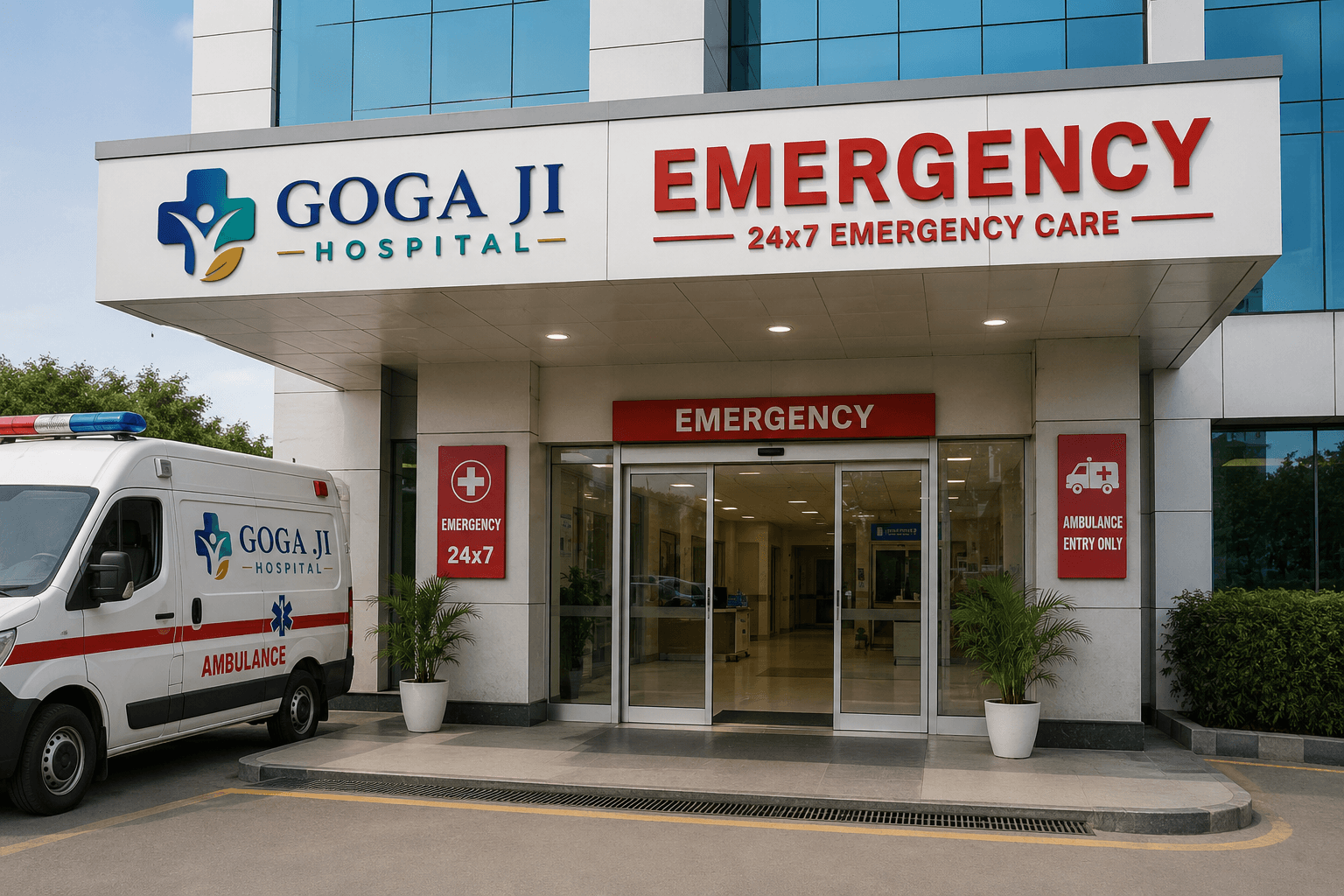 Emergency care entrance with dedicated ambulance bay