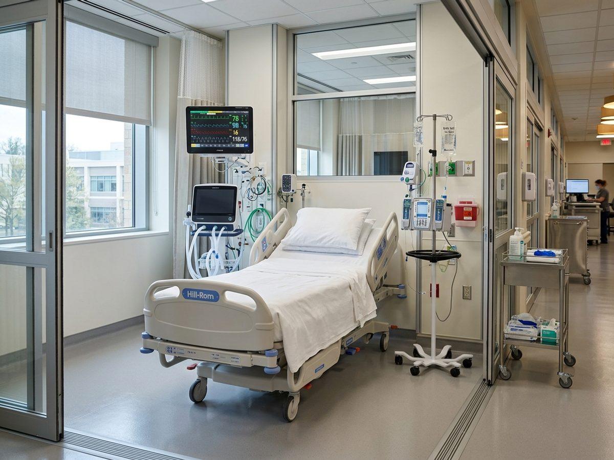 Intensive Care Unit (ICU) bay and clinical monitors at Goga Ji Hospital