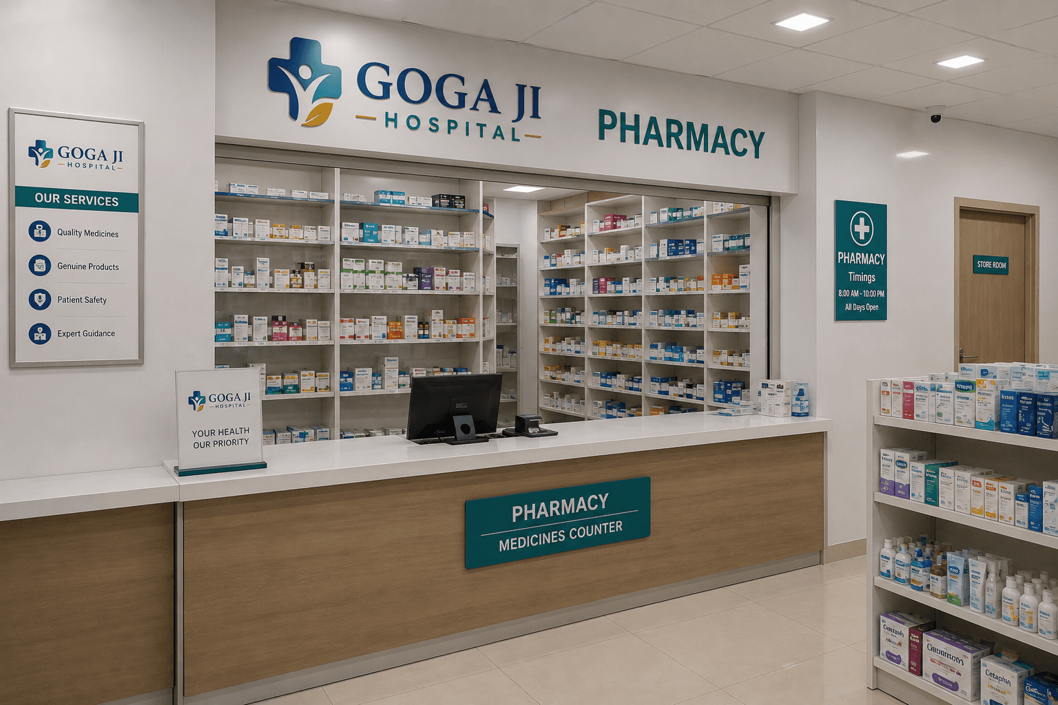 In-house hospital pharmacy counter at Goga Ji Hospital