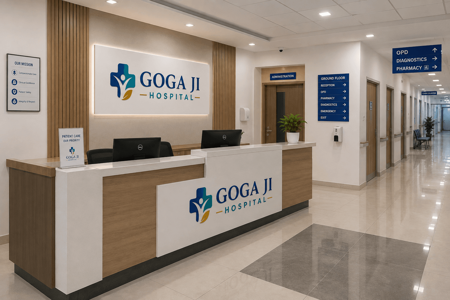 Hospital reception desk and patient waiting lounge