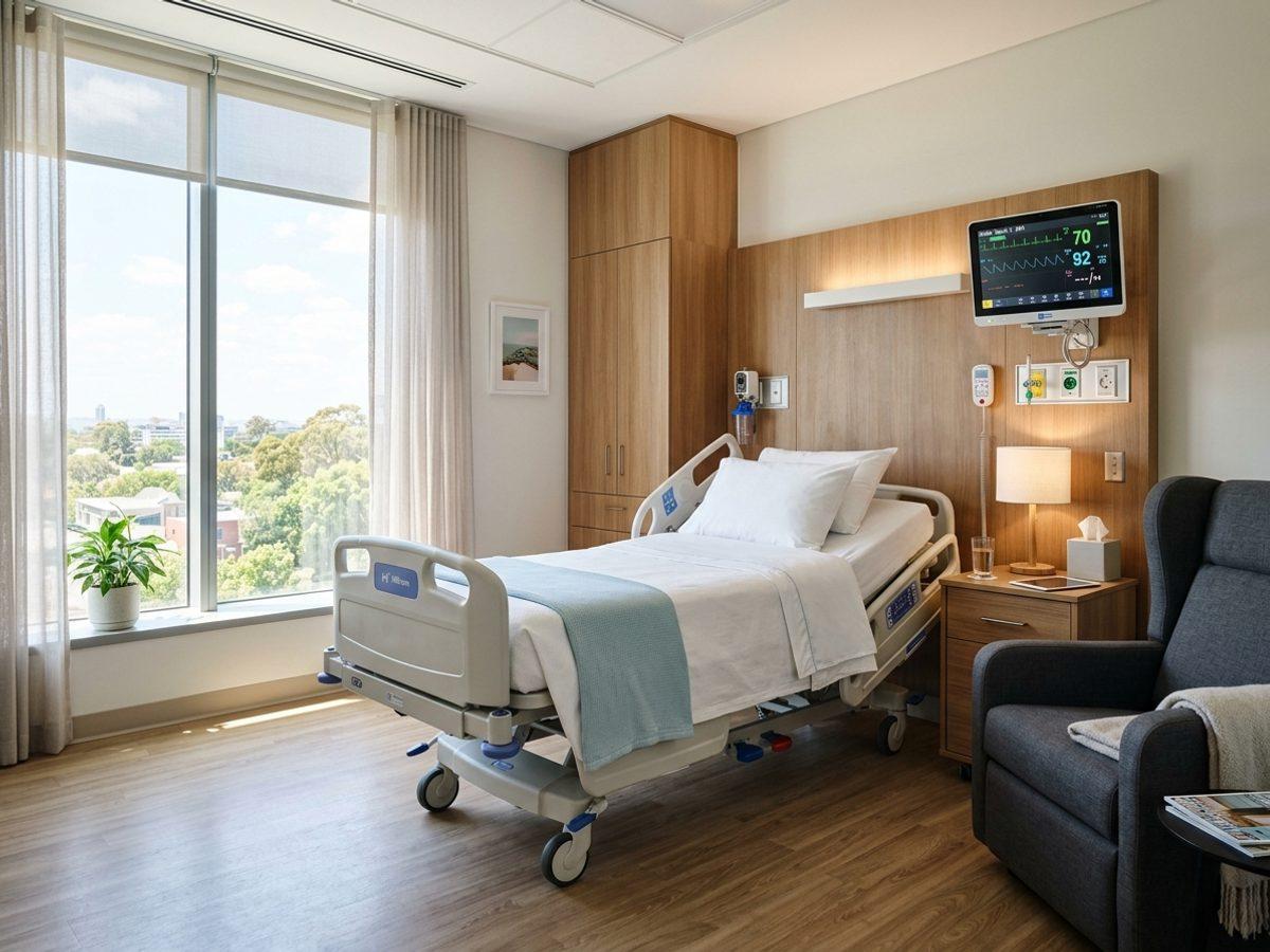 Private inpatient recovery room with adjustable bed and daylight window