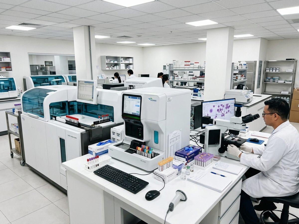 Blood sample tubes and a haematology analyser in the pathology laboratory at Goga Ji Hospital, with a blood film on the microscope screen